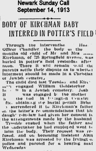 Body of Kirchman Baby Interred in Potter's Field
September 14, 1913
