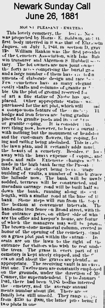 Mount Pleasant Cemetery History
June 26, 1881

