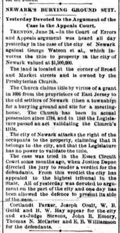 Newark's Burying Ground Suit
Article from June 24, 1893.
Scan from James Embree
