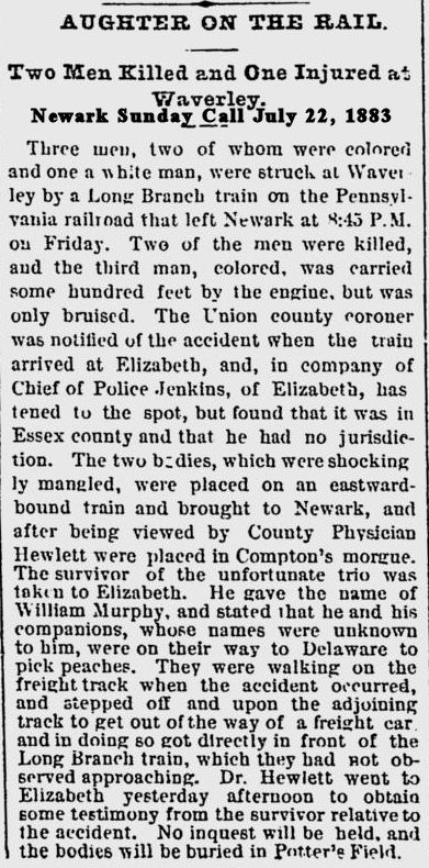 Slaughter on the Rail
July 22, 1883
Newark Sunday Call
