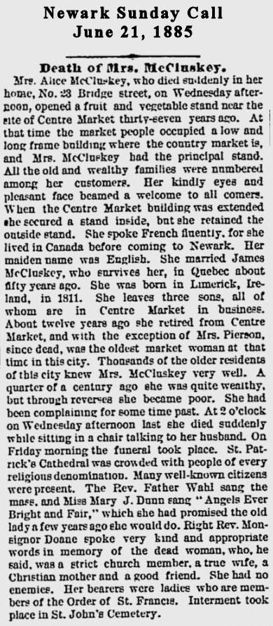 Death of Mrs. McCluskey
June 21, 1885
Newark Sunday Call
