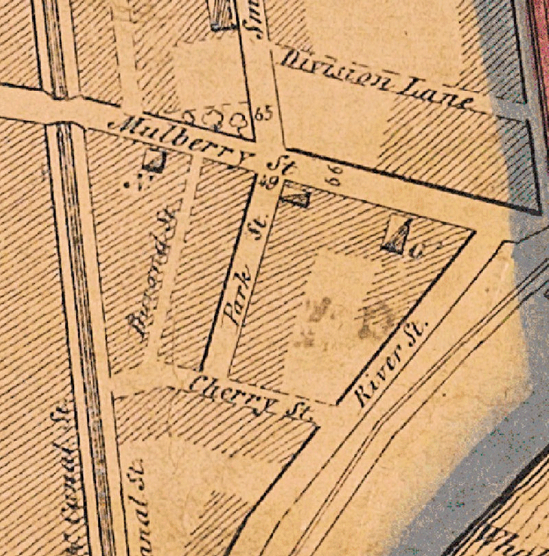 1847 Map
Original Cemetery on Mulberry Street
"O" on the map
