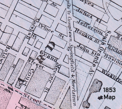 1853 Map
The cemetery is not shown on the map, but the map shows when Howard Street was Grand Street.
